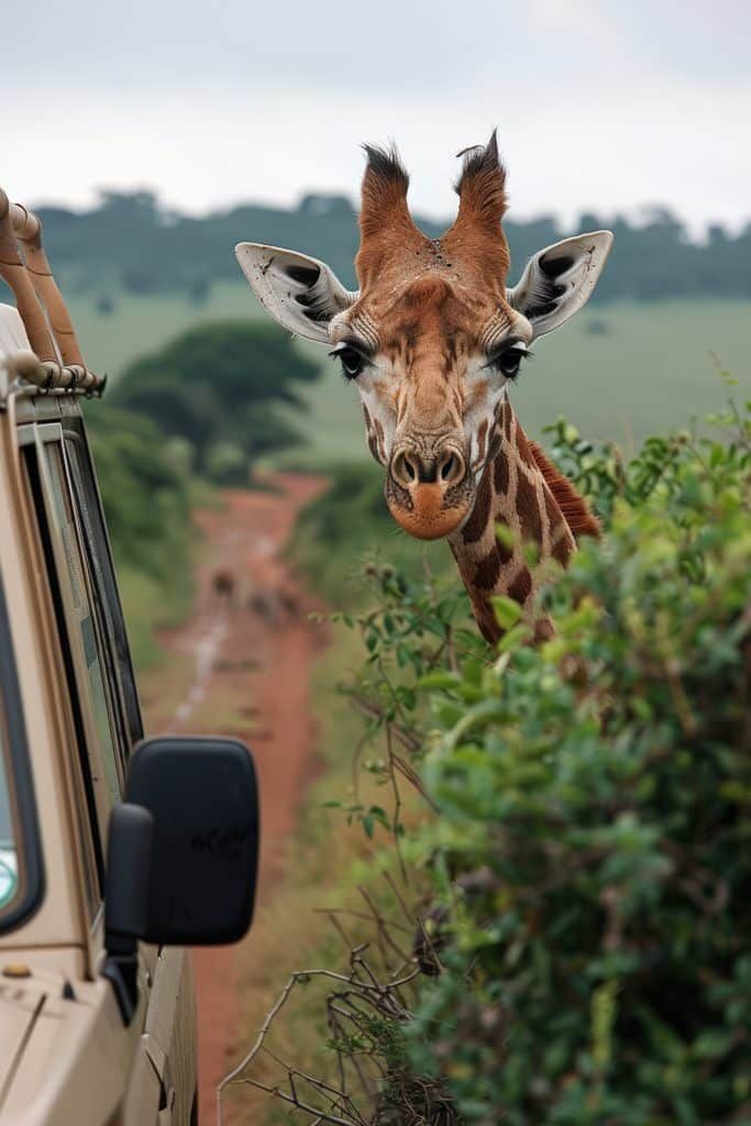 Curious giraffe leaning toward a safari vehicle in Tanzania